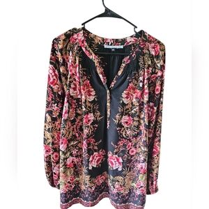 Lifestyle Attitude 2X Floral V-Neck Blouse Black Pink Rose Boho